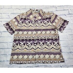 Alfred Dunner WOMENS SIZE 14 Beige Purple Floral Button Blouse Short Sleeve
